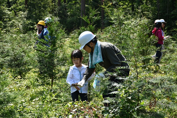 下刈りする親子