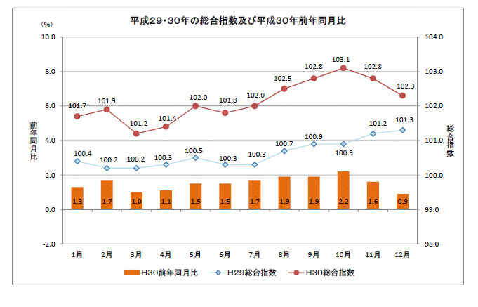 グラフ「平成29・30年の総合指数及び平成29年前年同月比」