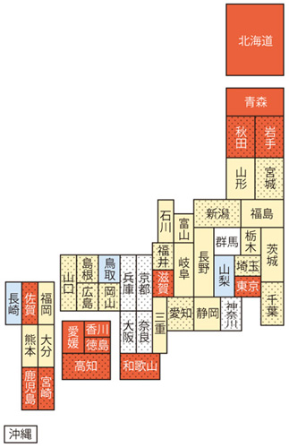 県外からの産廃受け入れの規制状況に応じて色分けされた日本地図