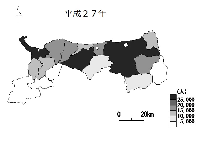 市町村を人口別で色分けした図(平成27年)