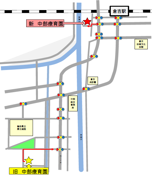 旧の位置から、移転後の位置への地図　　倉吉市上井に移転。