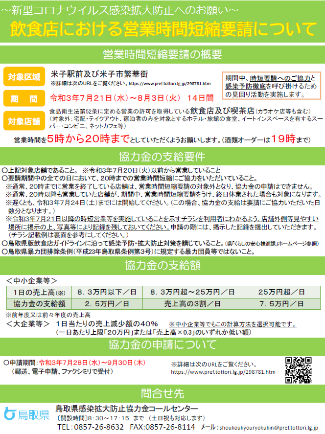 チラシ「時間短縮要請、感染拡大防止協力金」