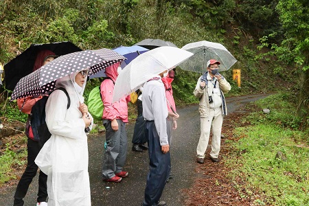 登山途中で説明を聞く皆さん。傘をさしたり雨合羽を着たりしています。