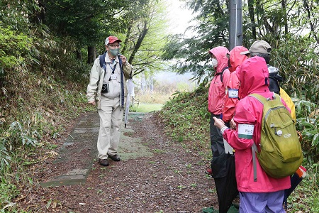 山頂で最勝寺山城の痕跡を探索中です。