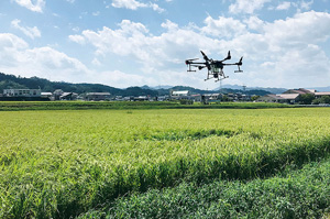 空中から肥料を散布する農業用ドローンの写真