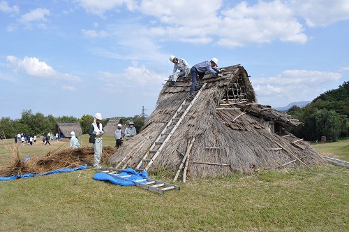 竪穴住居の修理の様子