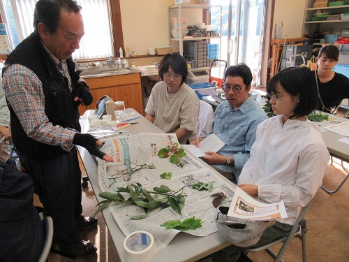 採取した植物をチェックしてもらっているところ