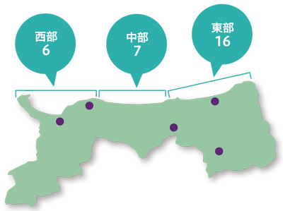 県内の大型輸送ヘリの離着陸可能地とホバークラフトの揚陸に適した場所を示した地図