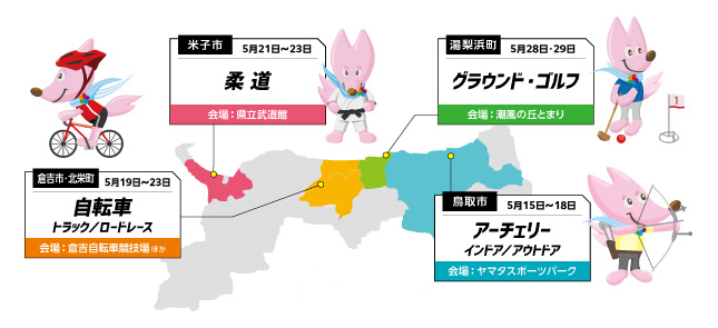 鳥取県内で行われる4競技6種目の日程と会場を示した地図