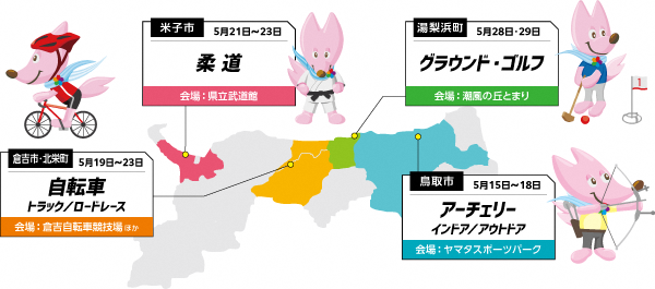 鳥取県内で行われる4競技6種目の日程と会場を示した地図