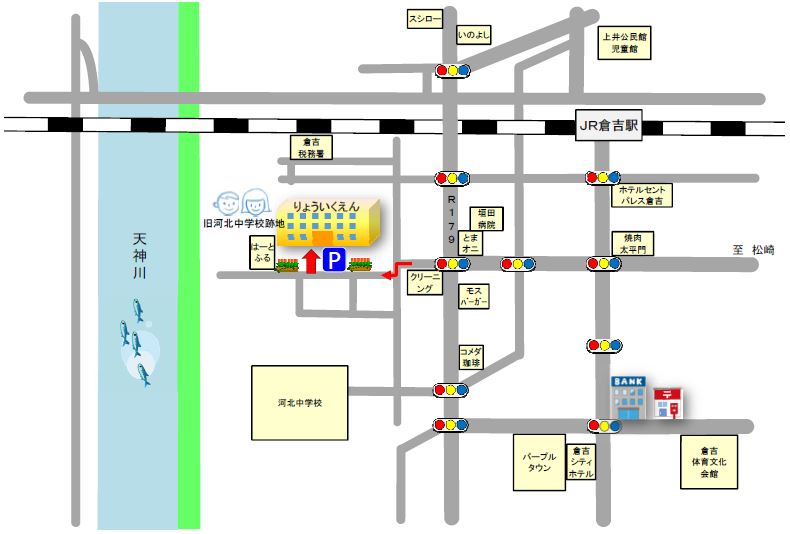 療育園の地図。倉吉駅の西側にあり、旧河北中学校の跡地です。