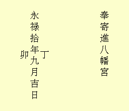 唐櫃側面の朱書の文字「奉寄進八幡宮　永禄拾年丁卯九月吉日」