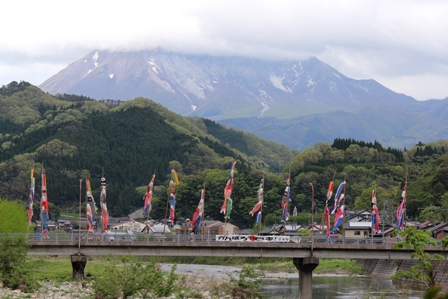 大山をバックになびくこいのぼり