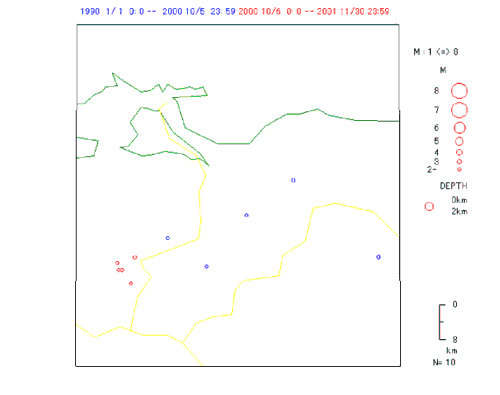 地表からの深さ0-2kmの地震:地震は発生していない。
