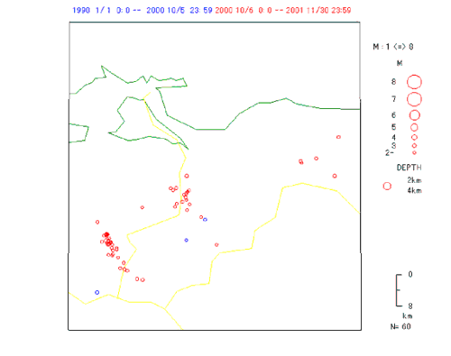 地表からの深さ2-4kmの地震: ほとんどない。