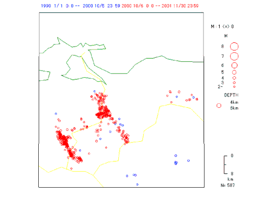 地表からの深さ4-6kmの地震:本震の震源断層に沿って余震が発生している。