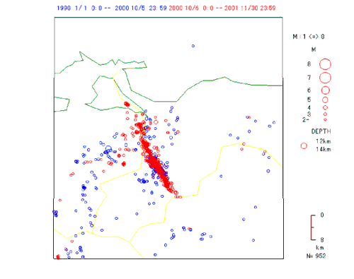 地表からの深さ12-14kmの地震:本震の震源断層に沿って余震が集中している。