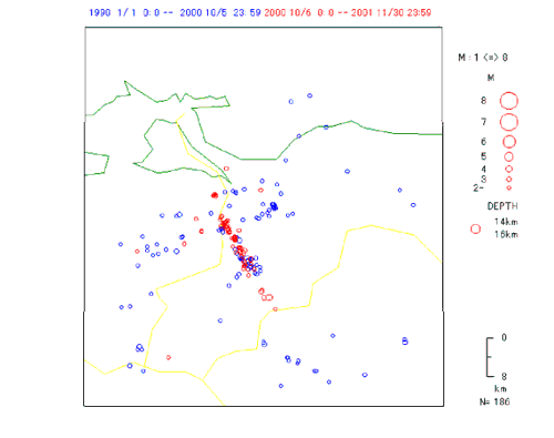 地表からの深さ14-16kmの地震:地震前に発生している地震が広く分布している。