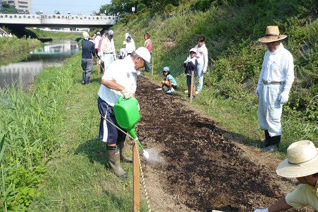 川の水をくんで水やり