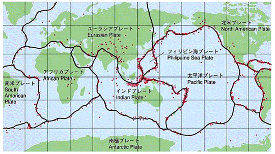 世界の震源分布とプレートのマップ画像