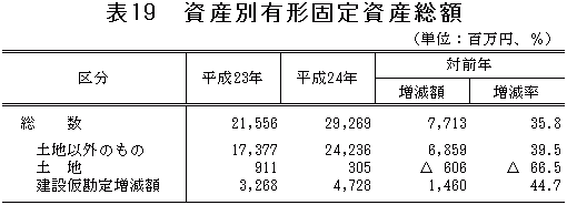 表19「資産別有形固定資産総額」