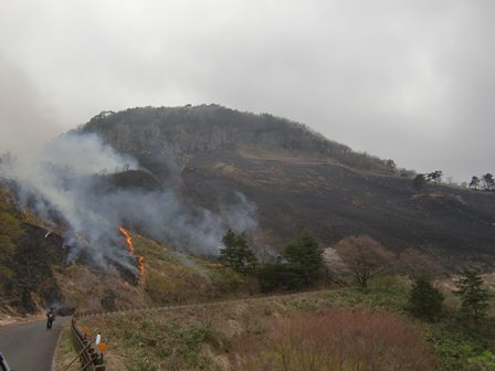 大半が燃えた後に県道沿いから火入れ