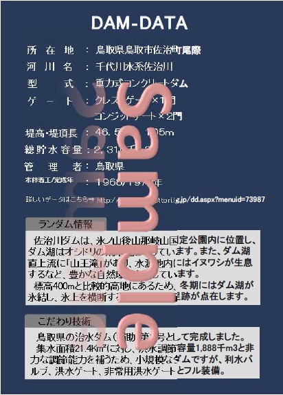 ダムカードのサンプル（佐治川ダム）裏面