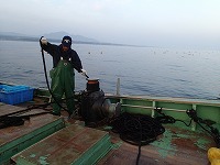 環締め：ロープで網を絞っている様子