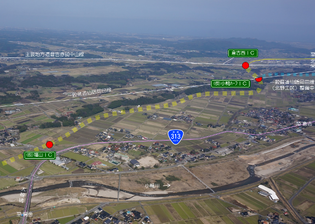 倉吉関金道路の福山インターチェンジから小鴨ハーフインターチェンジ周辺の拡大写真への画像リンク