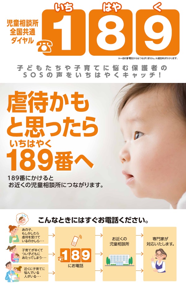 「虐待かも」と思ったら、「１８９（いちはやく）番」へ